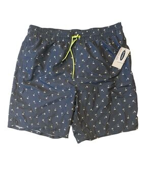 Old Navy Blue Palm-Print Swim Trunks with Neon Drawstring